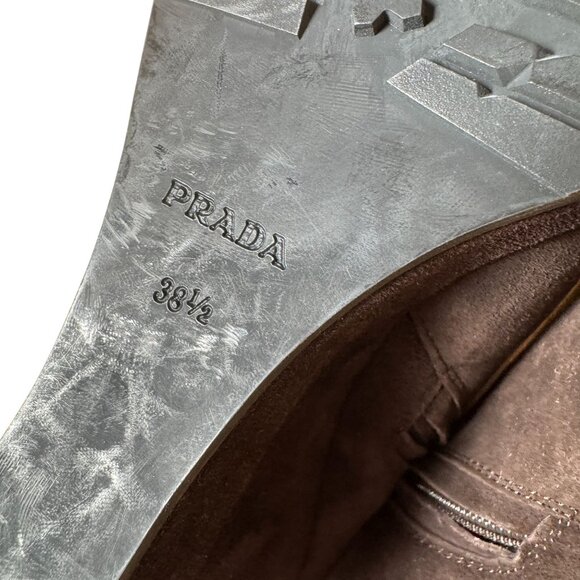 Prada Brown Suede Wedge Heel Ankle Boots Booties Size 38.5 - Picture 11 of 12